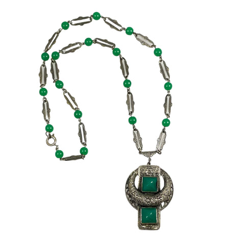 Art Deco Green Chrysoprase & Silver Necklace