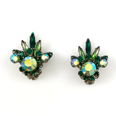 Green Rhinestone Clip On Earrings 1960's