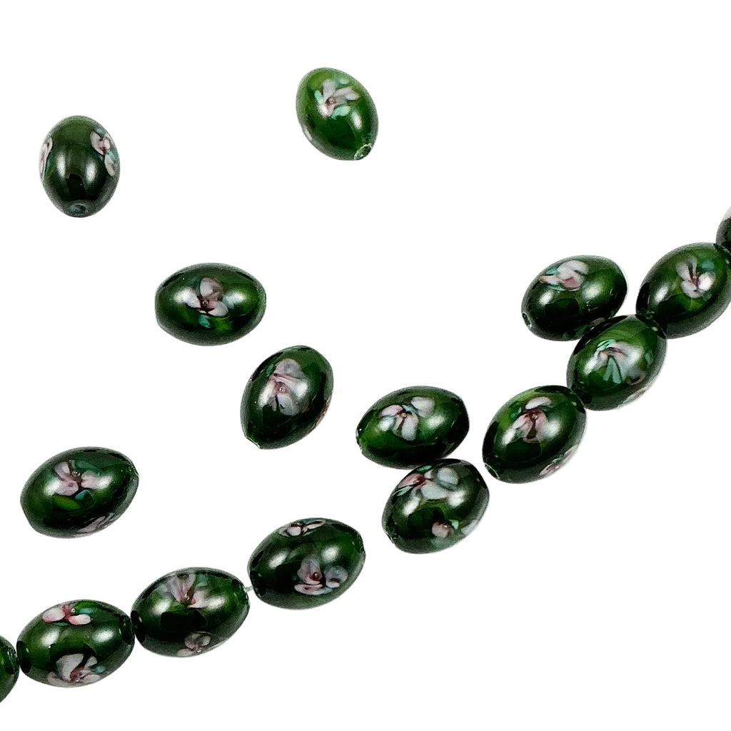 Green Satin Glass Oval Shaped Beads 11mm