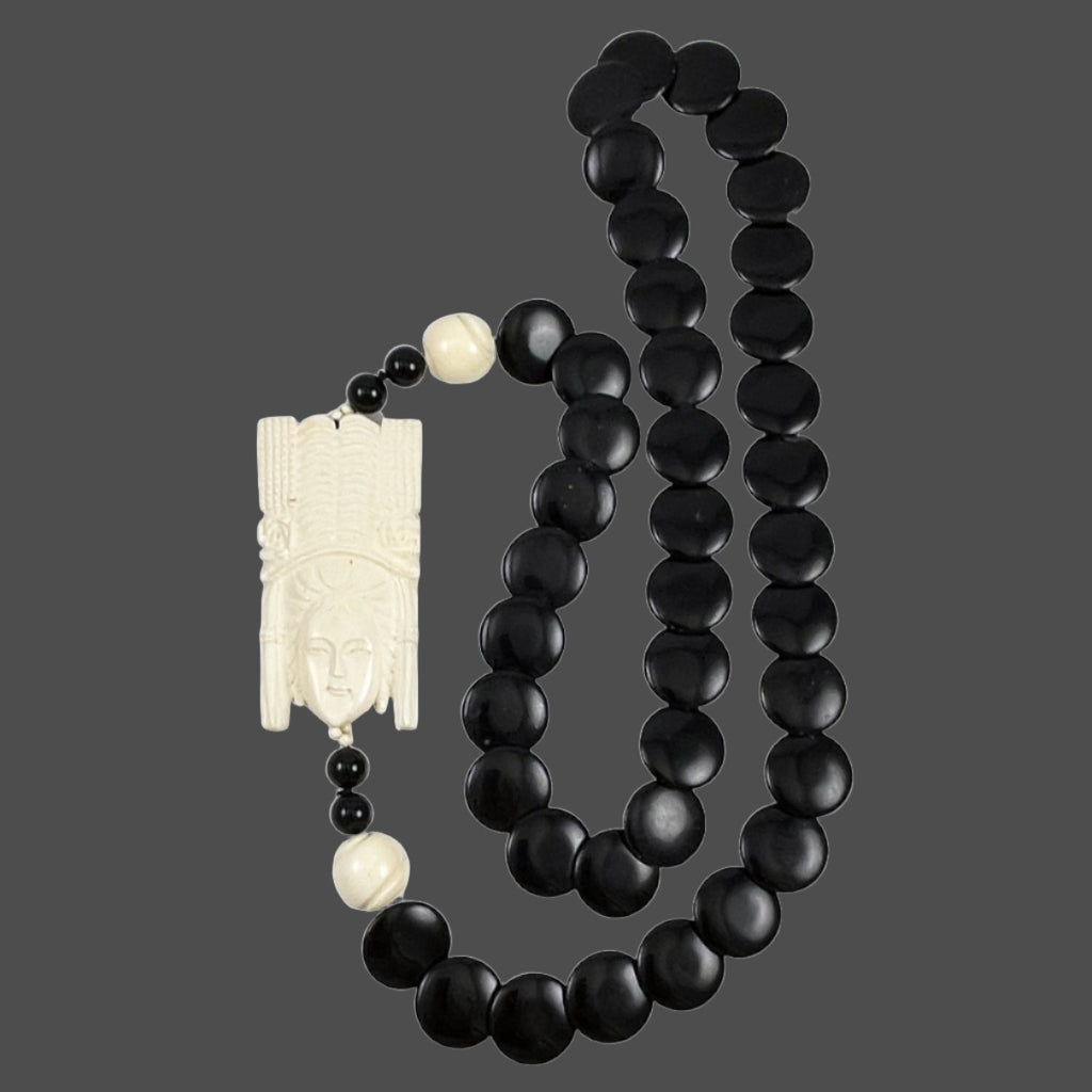 Carved Ivory Goddess & Black Onyx Necklace Vintage