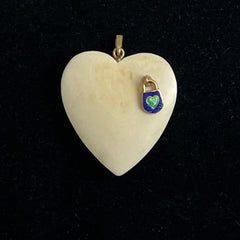 Large Ivory & Enamel Heart Pendant 14K Gold Vintage