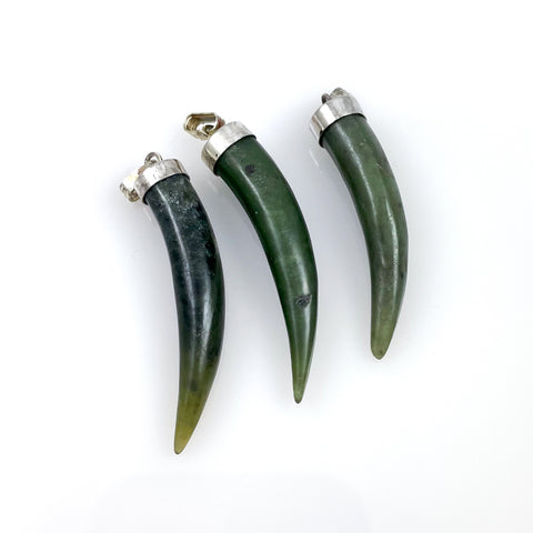 Green Jade Tusk Horn Pendants Silver Bails 