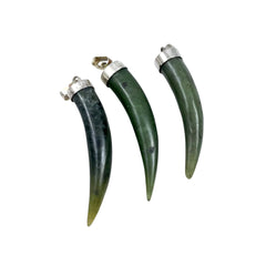 Green Jade Tusk Horn Pendants Silver Bails - Lucky Amulets