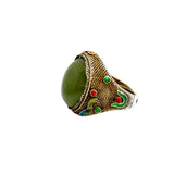 Chinese Silver Gilt Filigree Jade Enamel Ring Adjustable