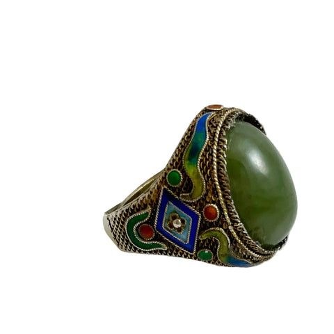 Chinese Silver Gilt Filigree Jade Enamel Ring Adjustable