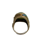 Chinese Silver Gilt Filigree Jade Enamel Ring Adjustable