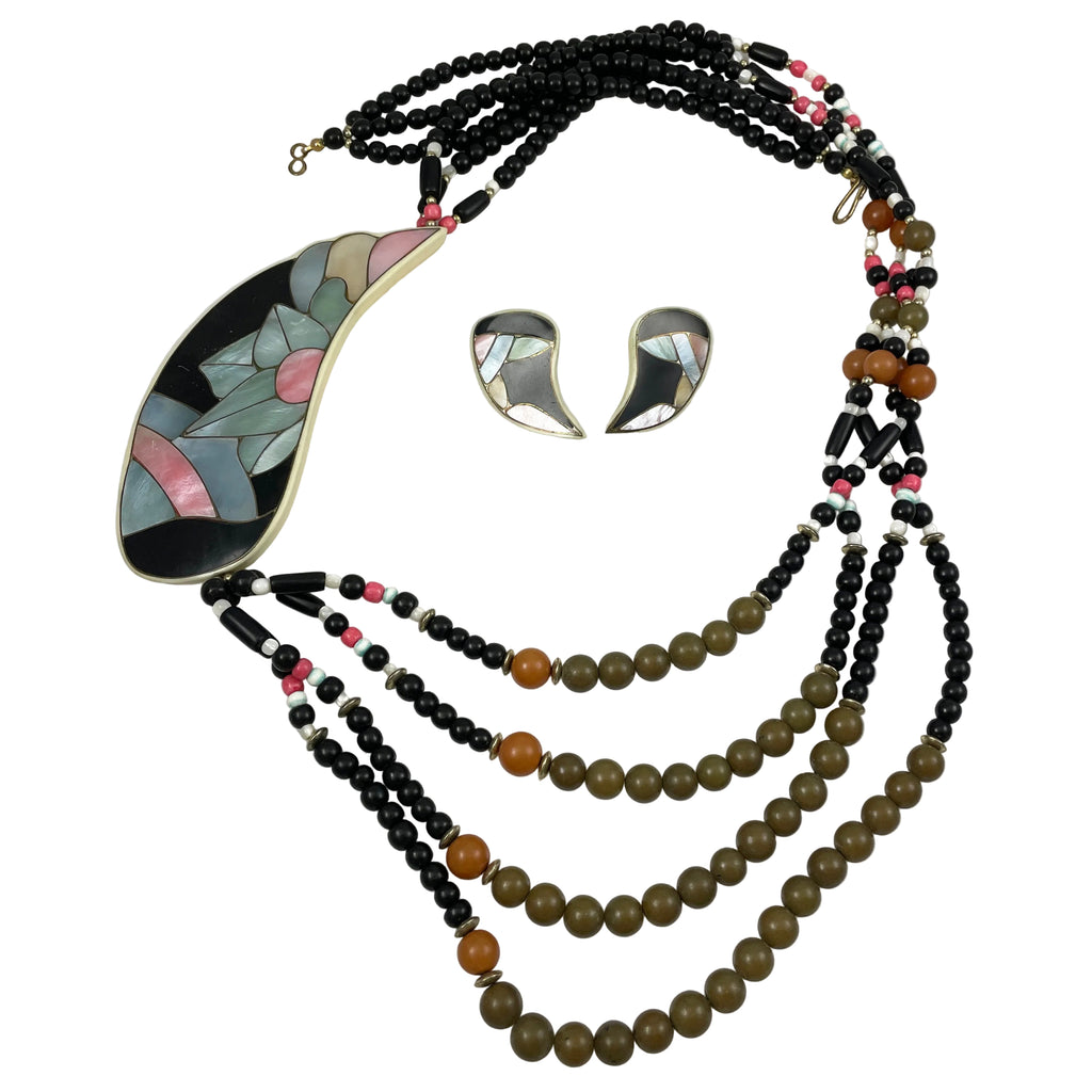 Lee Sands Mosaic Shell Necklace & Earrings Set Vintage