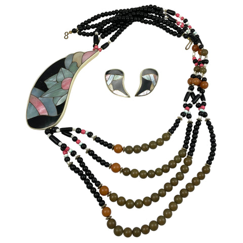 Lee Sands Mosaic Shell Necklace & Earrings Set Vintage
