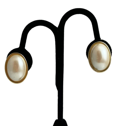 Monet Pearl & Gold Clip On Earrings Large