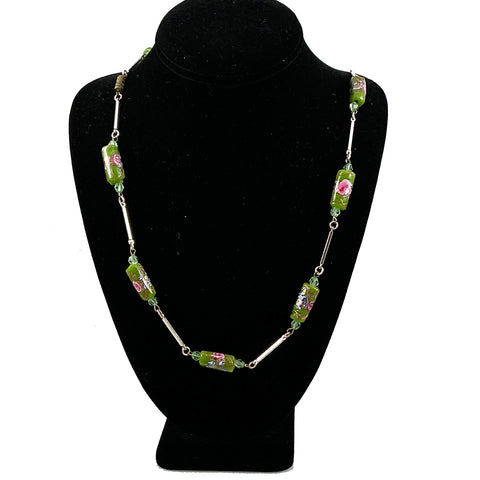 Green Murano Wedding Beads Glass Gold Chain Necklace Vintage