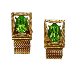 Peridot Green Rhinestone Gold Mesh Cufflinks 1970's