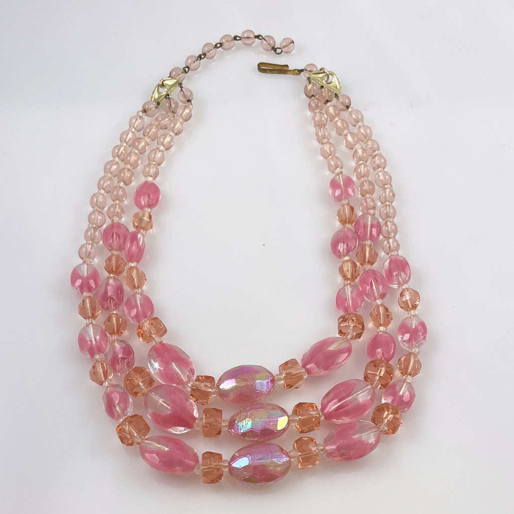 Triple Strand Pink Givre Beaded Necklace