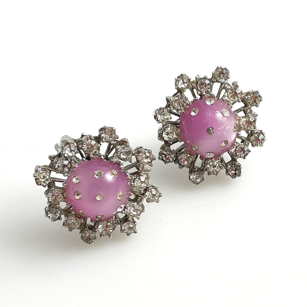 Vintage Garne Signed Pink Rhinestones Cabochons Gold Tone Clip On Earrings