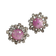 Pink Moonglow & Rhinestone Earrings Screw Backs