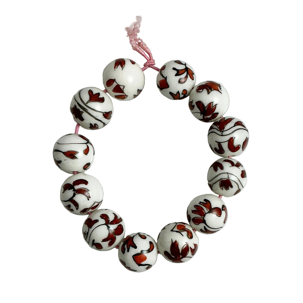 White & Rust Porcelain Floral Round 14mm Beads
