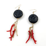 Red Branch Coral & Black Lava Earrings 