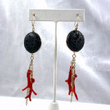 Red Branch Coral & Black Lava Earrings Gold Filled