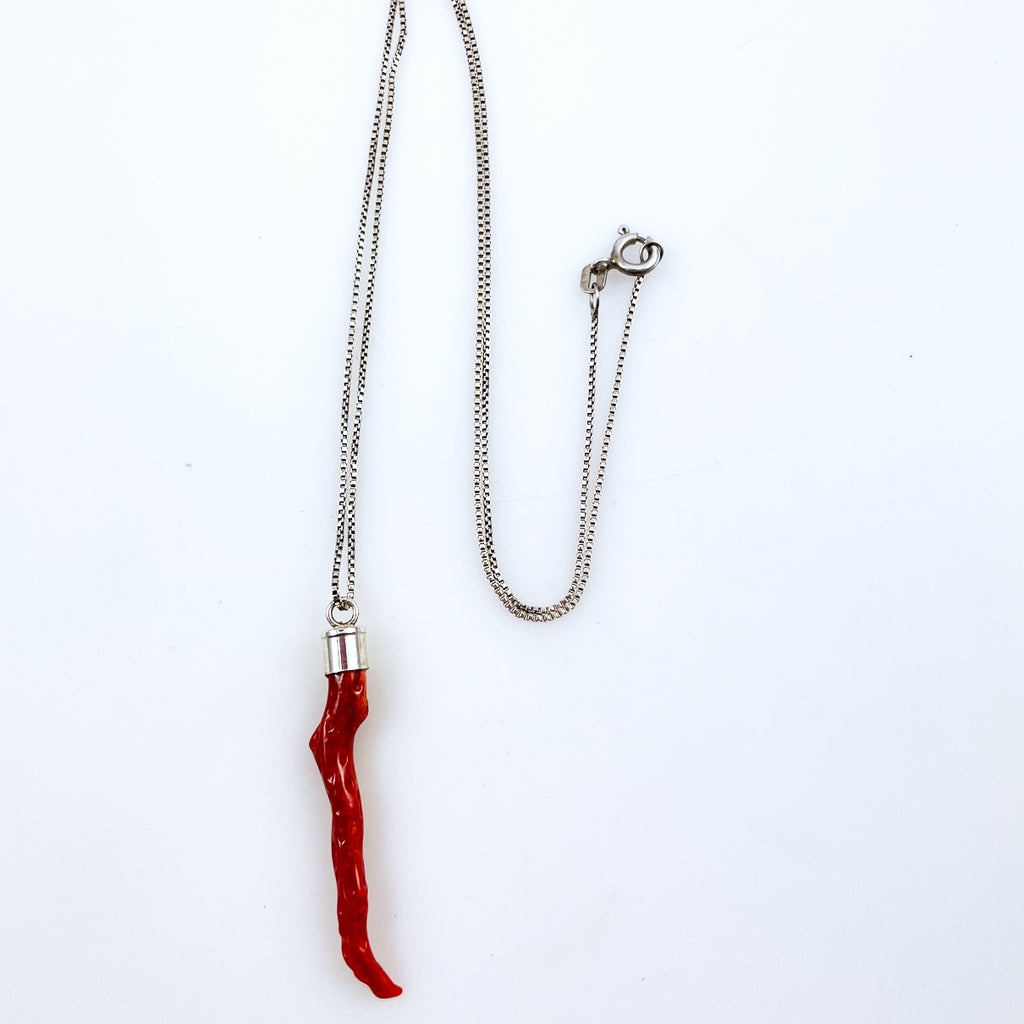 Italian Red Coral Pendant Silver Necklace
