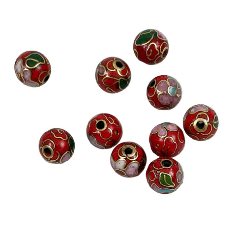 Cloisonne Red Round Beads Vintage Chinese