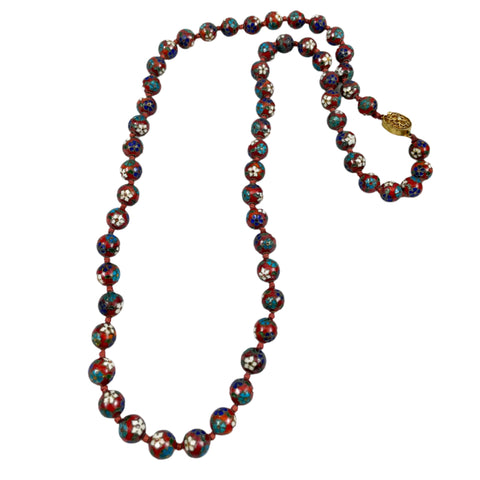 Red Floral Cloisonne Beaded Necklace Vintage