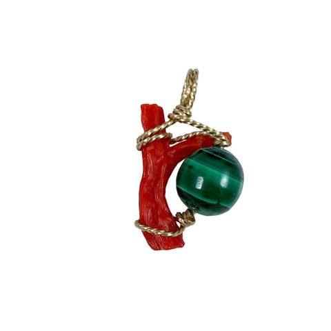 Italian Red Coral & Malachite Pendant Vintage