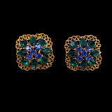 Green and Blue Rhinestone Gold Earrings