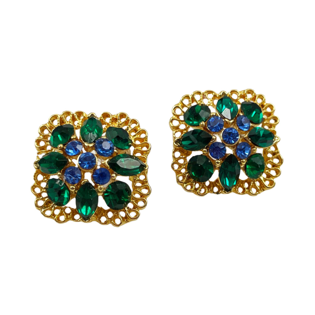 Green and Blue Rhinestone Gold Earrings