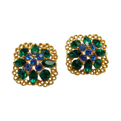 Green and Blue Rhinestone Gold Earrings