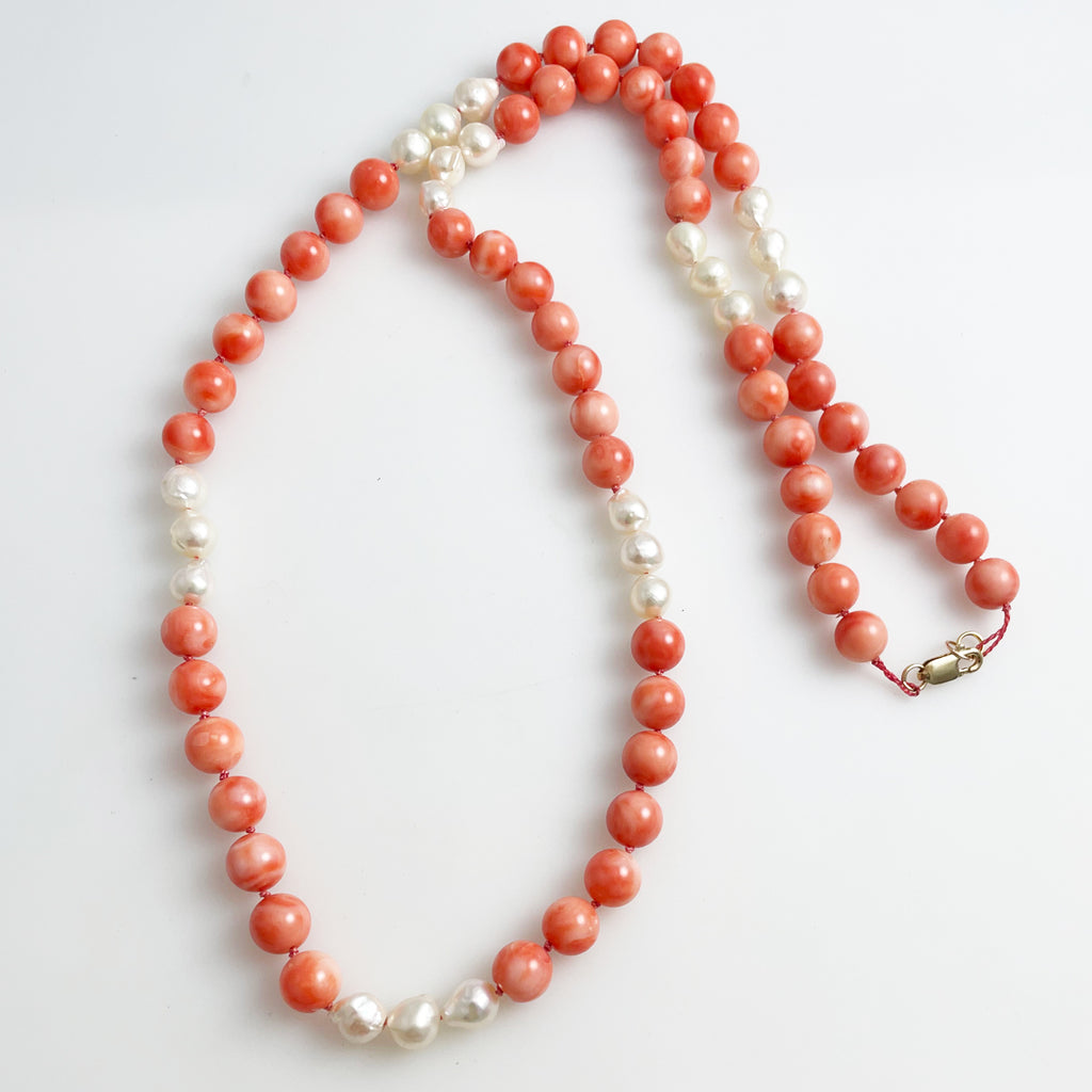 Salmon Pink Coral Freshwater Pearl 14K Gold Necklace