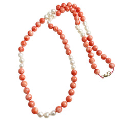 Salmon Pink Coral & Freshwater Pearl 14K Gold Necklace