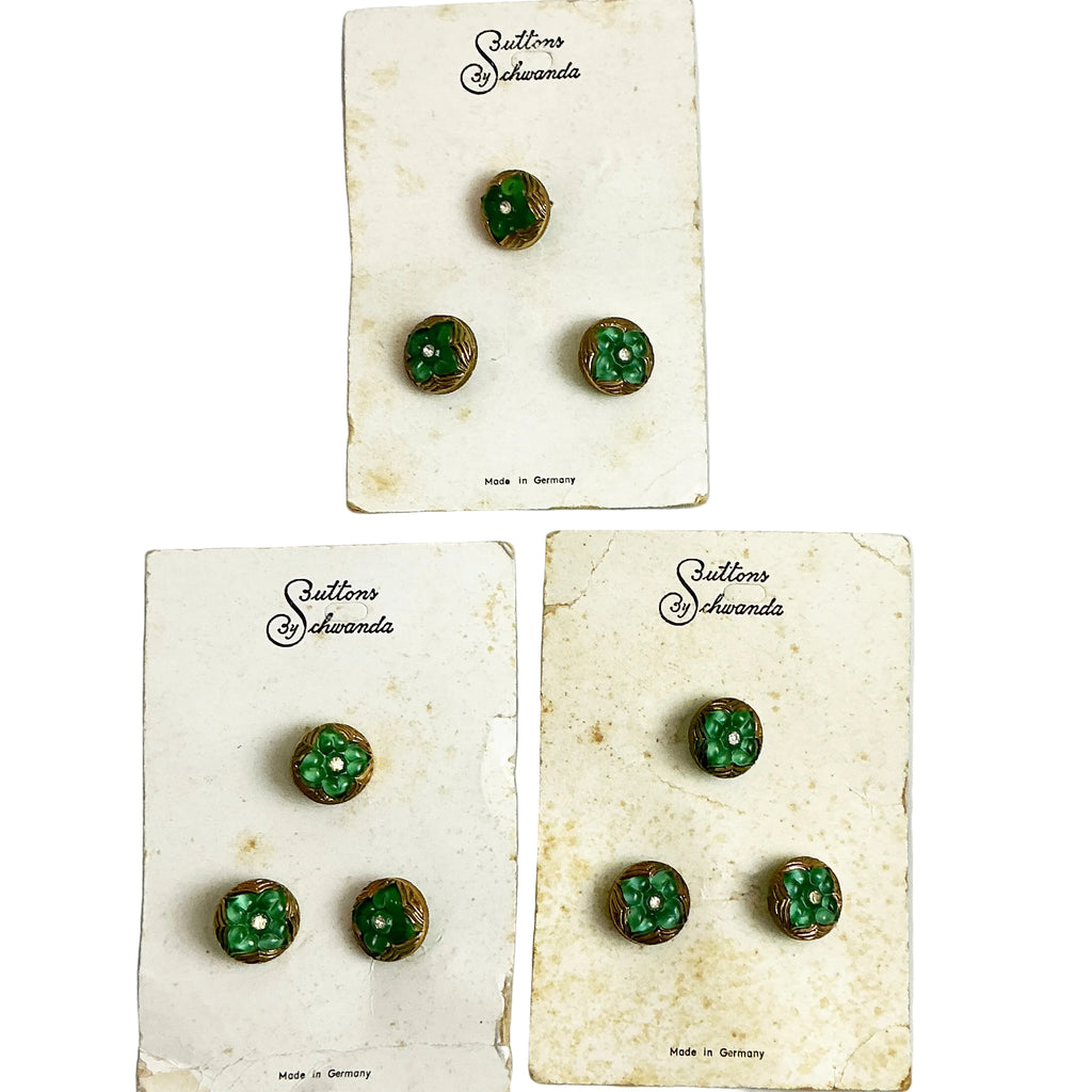 Schwanda Green Glass Flower Buttons on Cards Vintage German