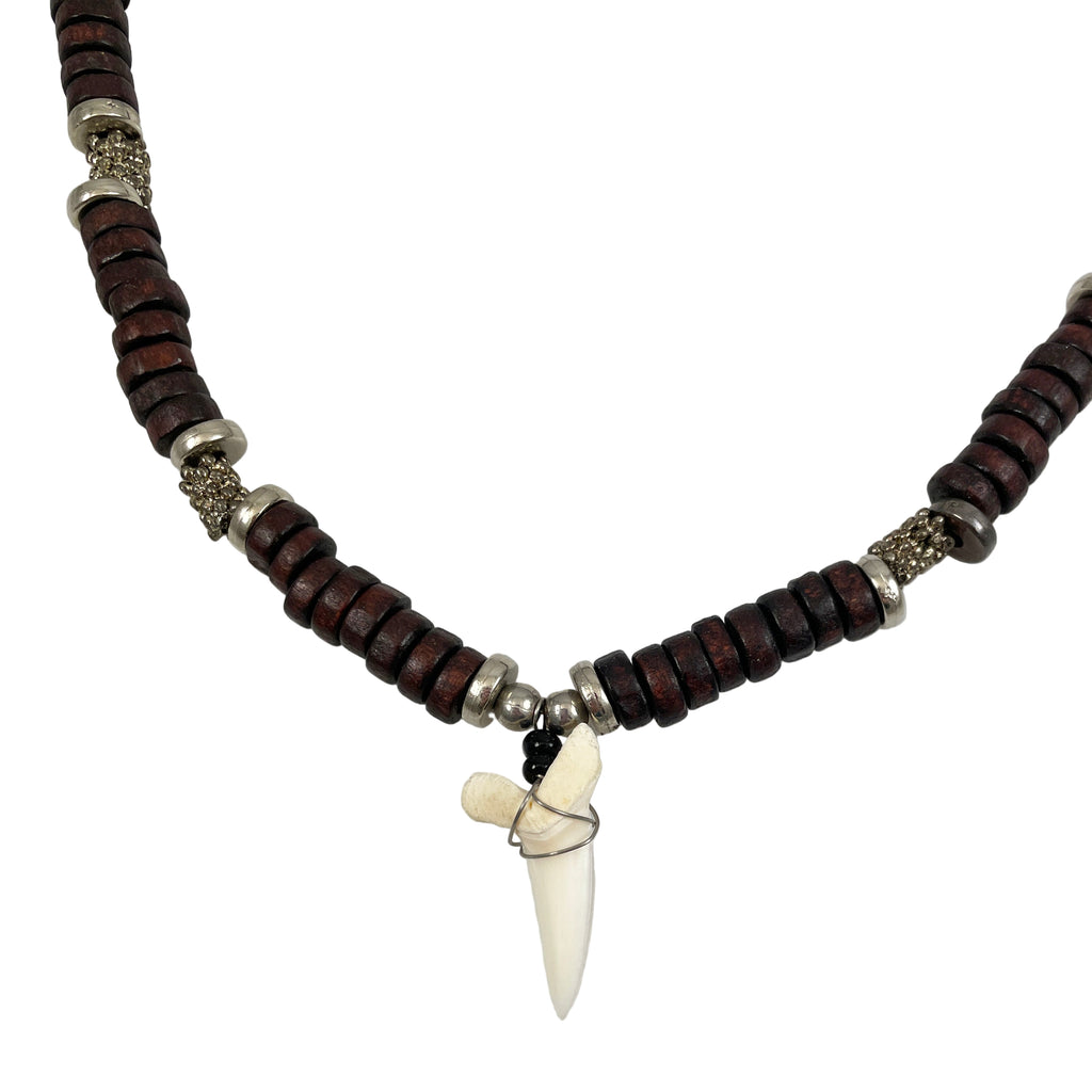 Fossilized Shark Tooth & Wood Unisex Necklace Surfer Hawaiian