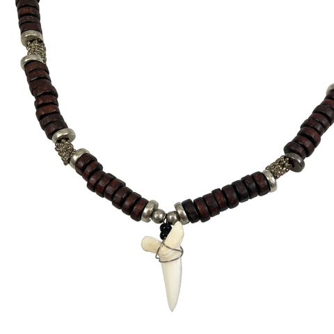 Fossilized Shark Tooth & Wood Unisex Necklace Surfer Hawaiian