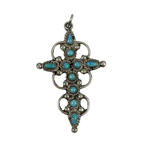 Ornate Sterling Silver & Turquoise Cross Pendant Vintage Navajo