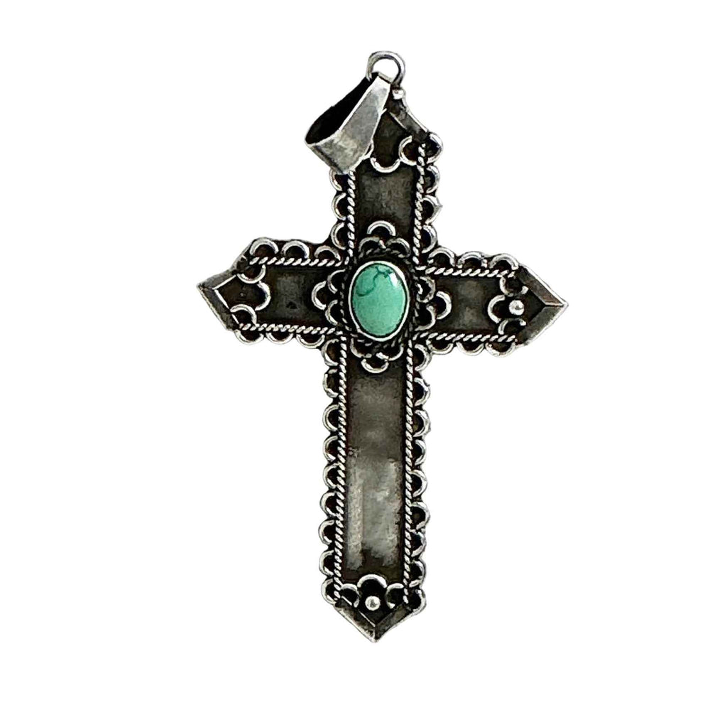 Native American Sterling Silver & Turquoise Cross Pendant 2.5 inches