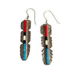 Sterling & Gemstone Feather Native American Earrings Signed JA