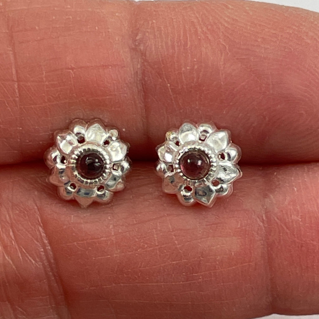 Sterling Silver Garnet Floral Earrings