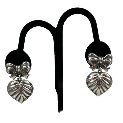 Sterling  Silver Fluted Heart Dangle Earrings Vintage