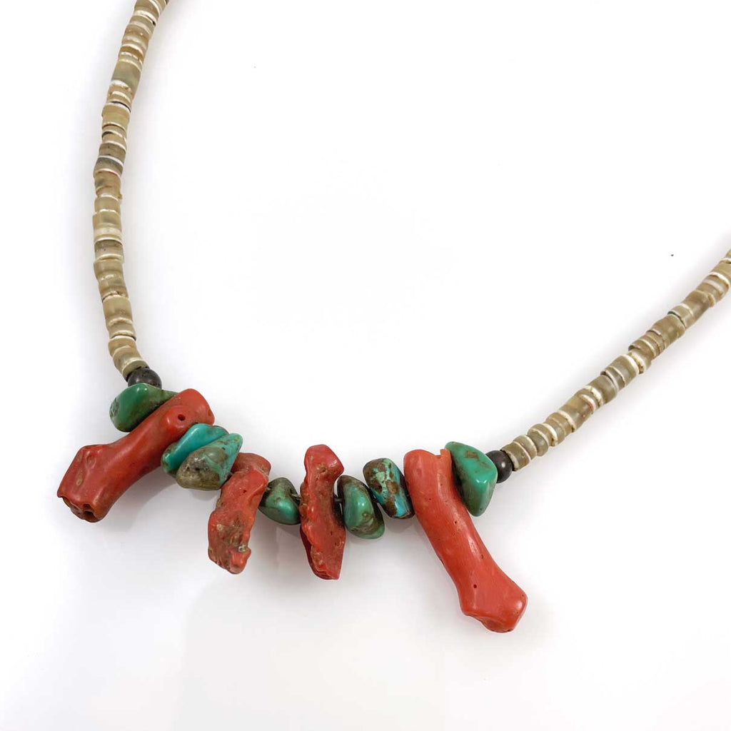 Antique Coral Turquoise & Shell Heishi Necklace