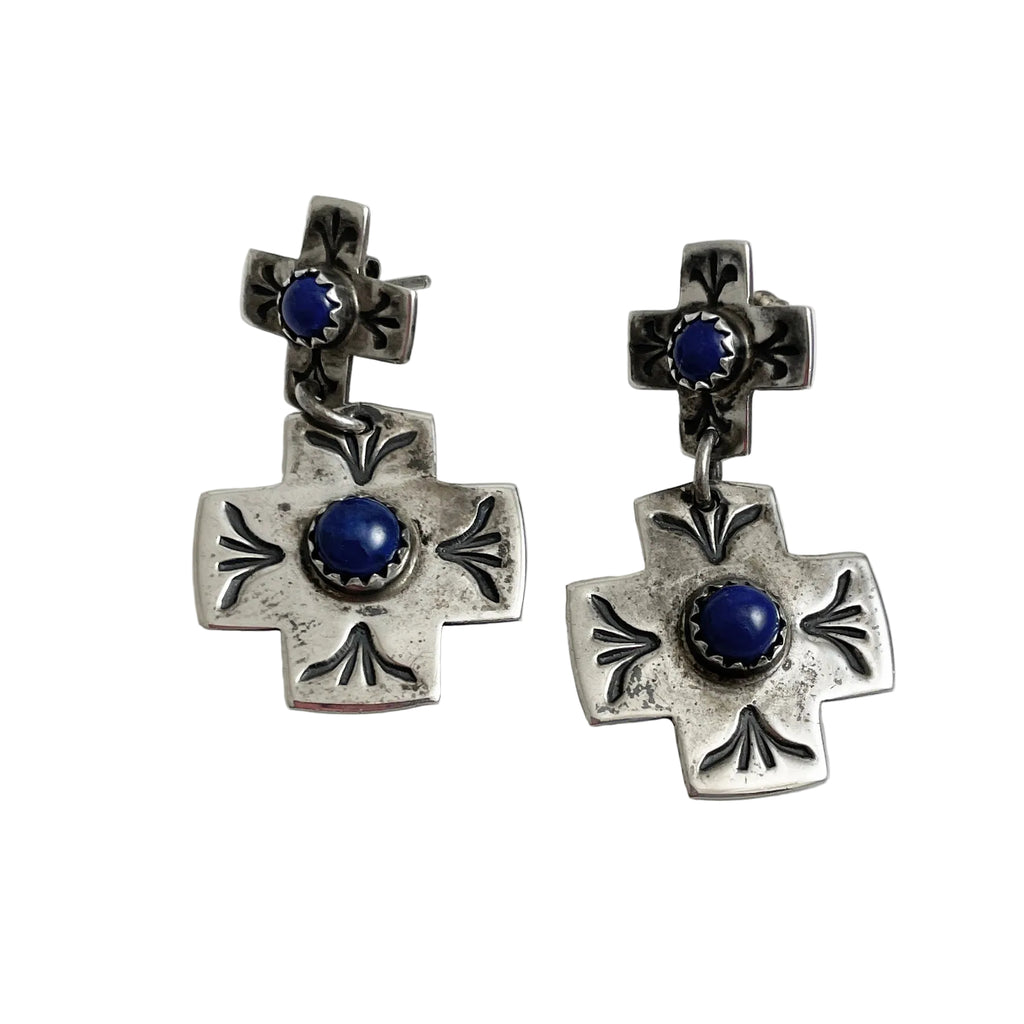 Lapis Sterling Cross Pierced Earrings Vintage