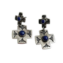 Lapis Sterling Cross Pierced Earrings Vintage