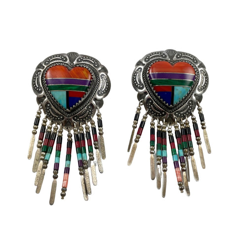 Multi-Gemstone Heart Native American Earrings Vintage