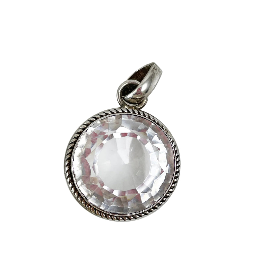 Large Round Rock Quartz & Sterling Framed Pendant
