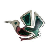Sterling Silver Green Enamel Bird Brooch Vintage