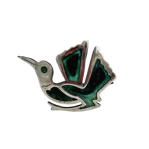 Sterling Silver Green Enamel Bird Brooch Vintage