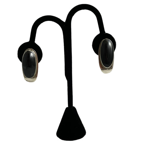 Mexican Sterling Silver Black Onyx Clip On Earrings