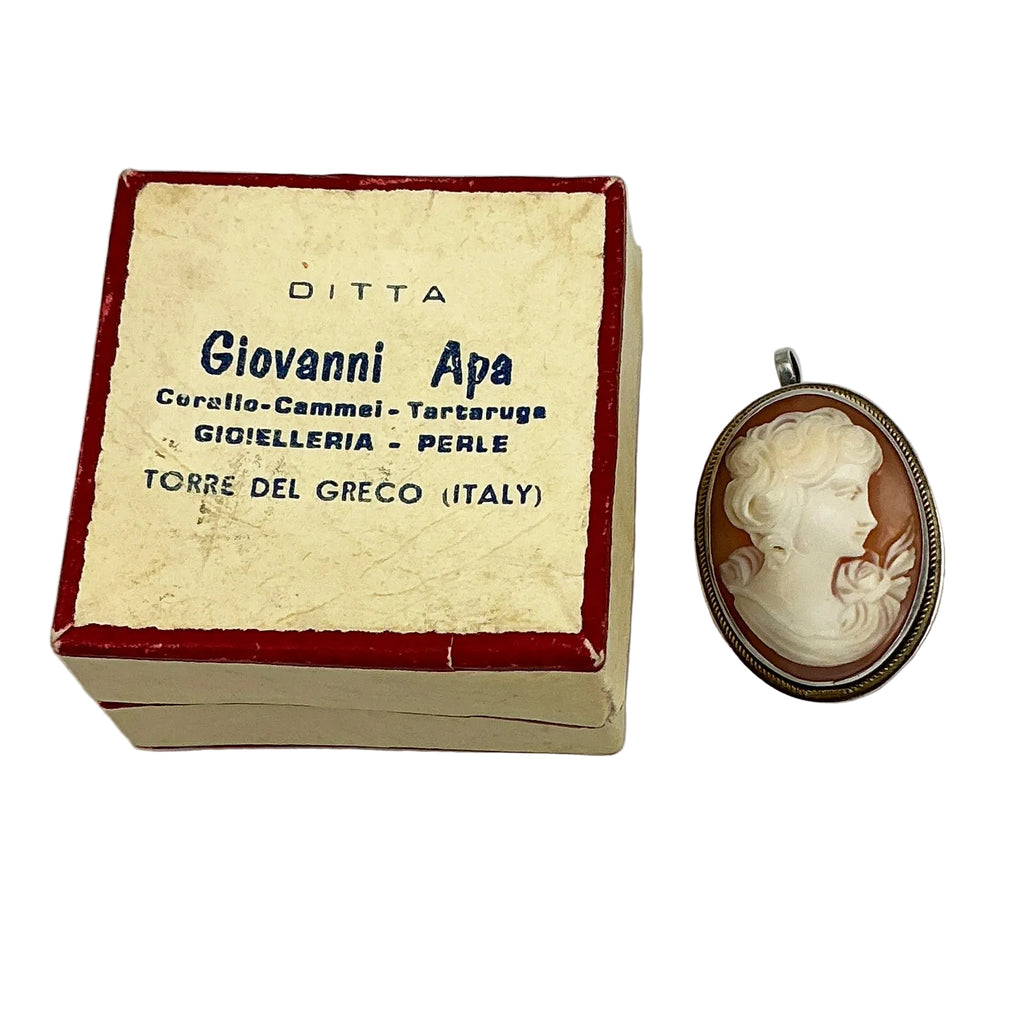Antique Italian Shell Cameo Sterling Silver Brooch Giovanni Apa jewelry box