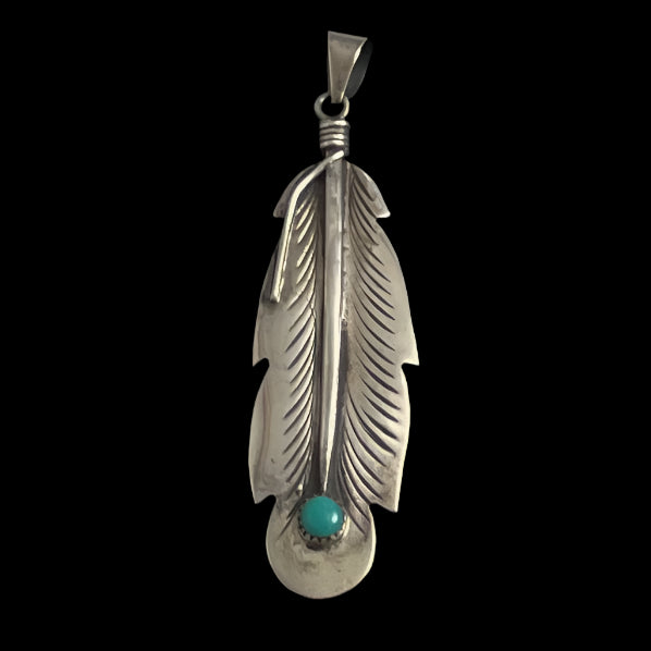 Sterling Silver Turquoise Navajo Feather Pendant Signed RB