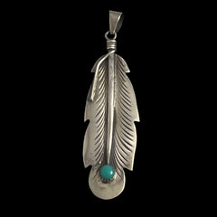 Sterling Silver Turquoise Navajo Feather Pendant Signed RB
