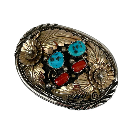 Native American Sterling Turquoise & Red Coral Belt Buckle